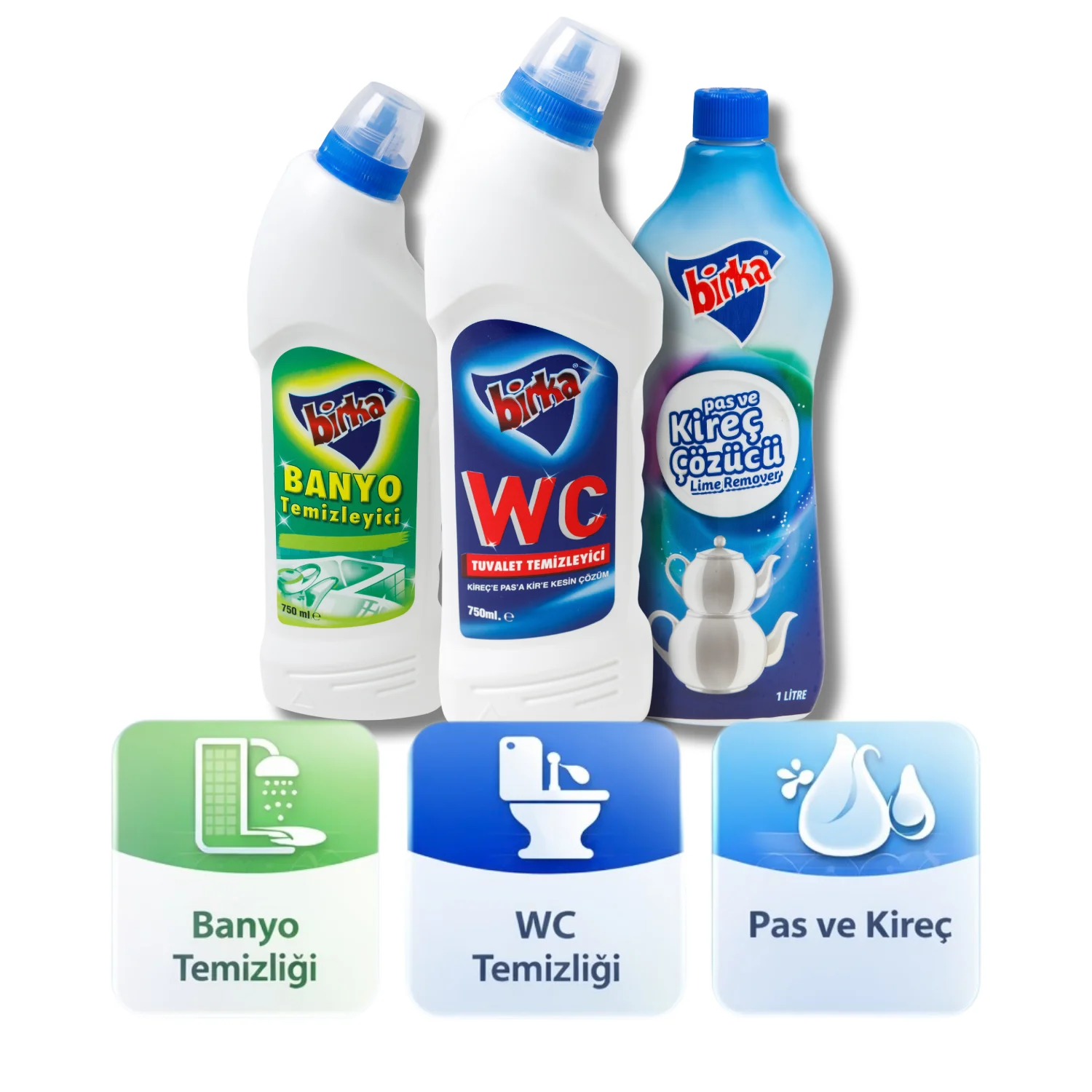 Birka 3'lü Temizlik Seti WC Tuvalet Temizleyici 750 ml + Banyo 750 ml + Pas ve Kireç Çözücü 1 L