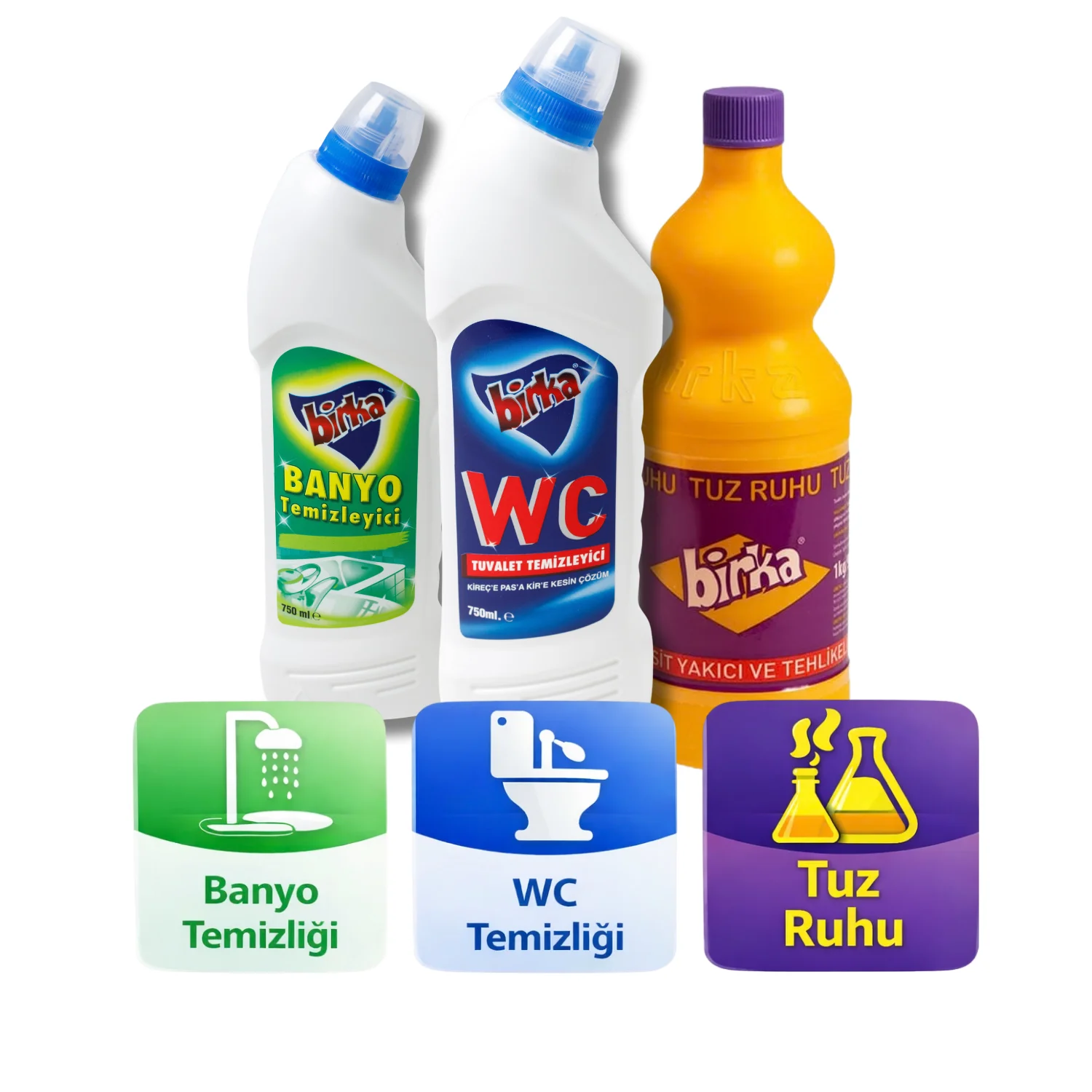 Birka 3'lü Temizlik Seti WC Temizleyici 750 ml + Banyo Temizleyici 750 ml + Tuz Ruhu 1 Kg