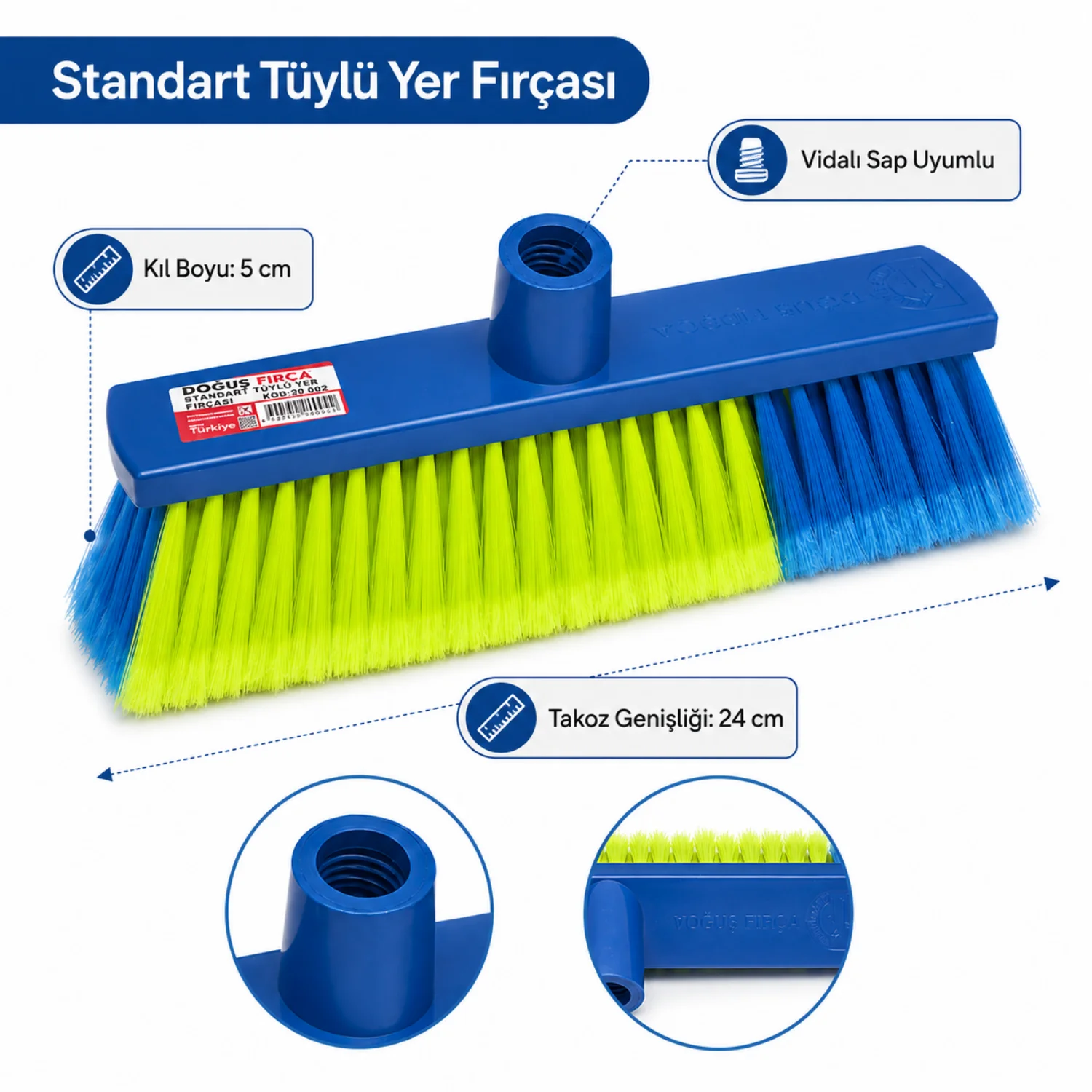 Doğuş Fırça 24 cm Yer Fırçası Vidalı Sap Uyumlu