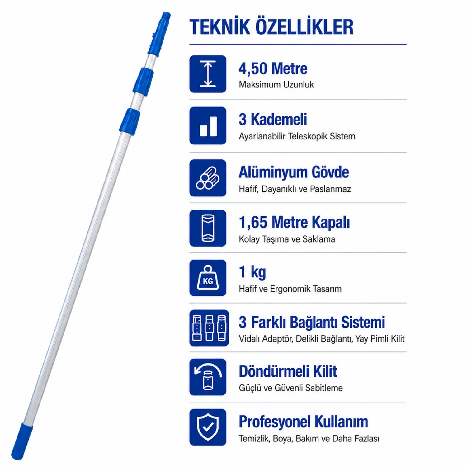 Mulpex Alüminyum Teleskopik Uzatma Sapı 4,5 Metre 3 Kademeli Çift Bağlantılı Mavi