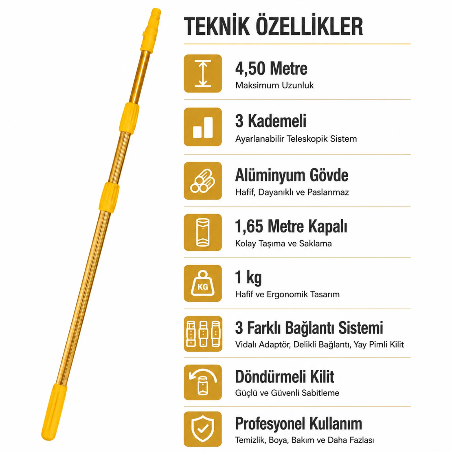 Mulpex Teleskopik Uzatma Sapı 4,5 Metre 3 Kademeli Gold